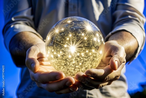 Person holding glowing glass sphere with radiant points of light against twilight sky, symbolizing energy, wonder, and luminous human connection with nature