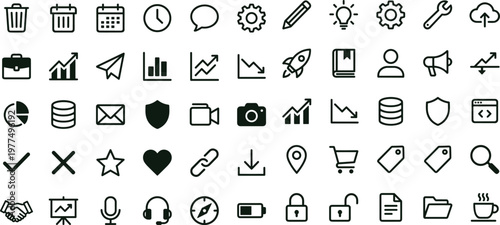 Essential business interface outline vector icon set for productivity dashboards communication analytics navigation tools and digital platform applications