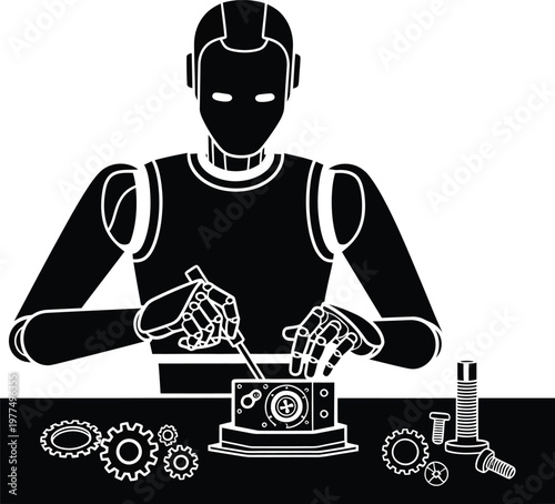 Robot, industrial robot, mechanical assembly, black and white vector, gear, machinery, manufacturing