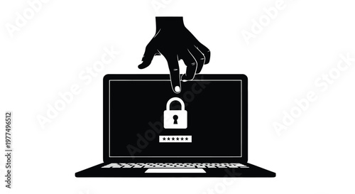 A hand interacting with a laptop displaying a lock security concept silhouette