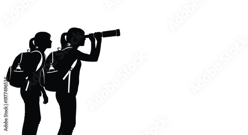 Two women with backpacks and binoculars observing nature a striking silhouette