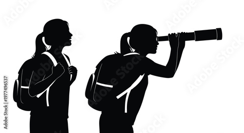 Two women with backpacks one using binoculars a striking silhouette