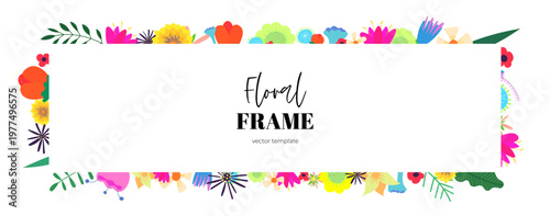 Flowers frame banner. Simple colorful wildflower illustration with happy nature drawings and meadow blossoms. Horizontal greeting card background for spring garden posters and minimal floral art.