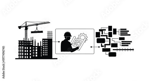 Construction worker examining blueprints with building and circuit diagrams silhouette