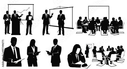 Business meeting and presentation scenes depicted in a stark black silhouette