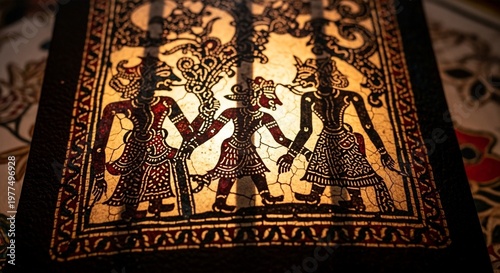 Traditional Javanese wayang kulit shadow puppet figures illuminated from behind, intricate patterns, cultural art