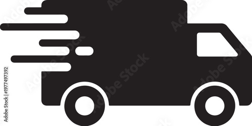 Black silhouette of a delivery truck with motion lines