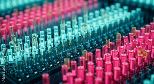 Rows of pink and turquoise laboratory vials with shallow depth of field