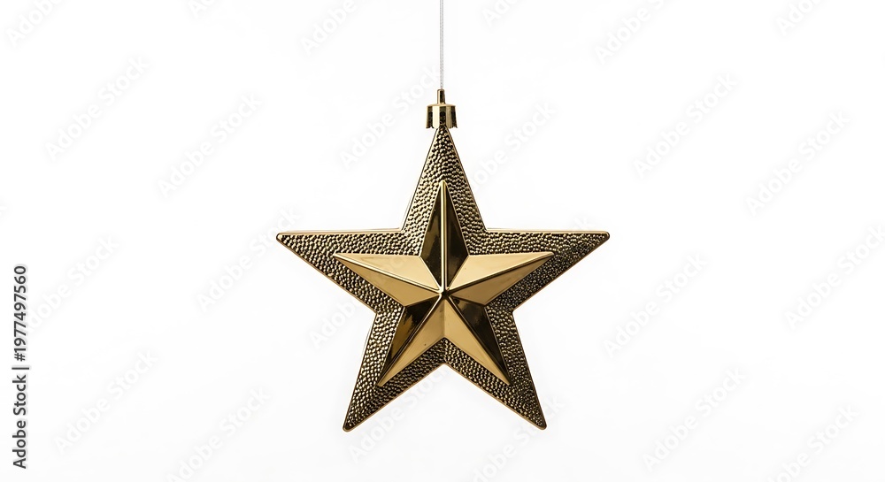 Fototapeta premium A gold, star-shaped Christmas ornament hanging against a bright white background