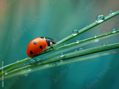 Ladybug on a leaf with waterdrops on an early morning