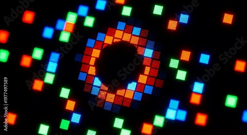 Colorful square lights forming a circular pattern in the dark