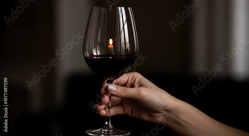 Close-up of a hand holding a glass of red wine with a candle's reflection in it
