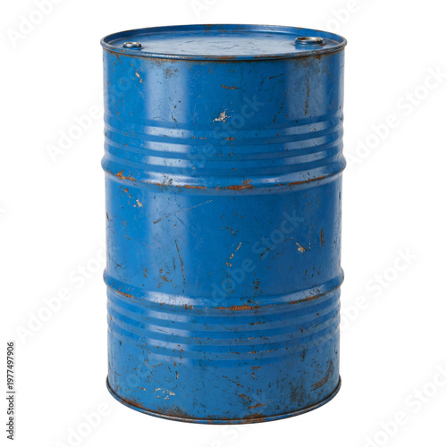 Blue Metal Barrel Drum With Rust and Scratches Industrial Storage Container for Oil or Chemicals