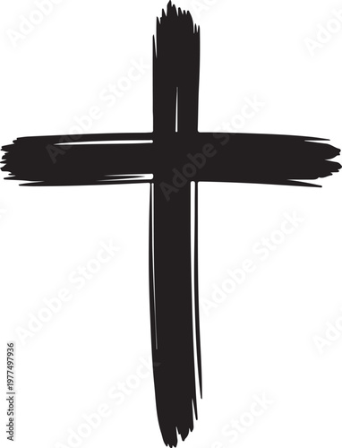 Black Hand Drawn Cross Symbol on White Background religion