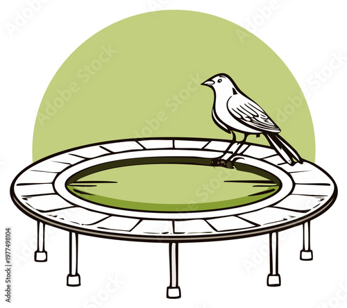 Bird resting on a trampoline, simple line art illustration in pastel tones, round bouncing toy and animal vector