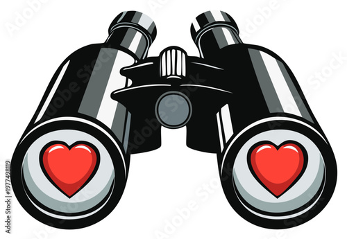 Binoculars with red heart shapes inside the lenses, love and romance concept
