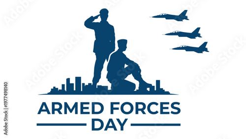 Armed forces day illustration with soldiers saluting and kneeling with fighter jets and city skyline honoring military service patriotic vector design