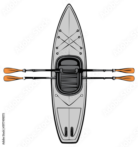 Top down vector illustration of a recreational kayak with a double bladed paddle