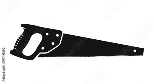 A black silhouette of a hand saw depicted in a simple stark style silhouette