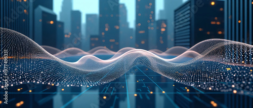 Smart city and abstract dot point connect with gradient line and aesthetic Intricate wave line design , big data connection technology concept