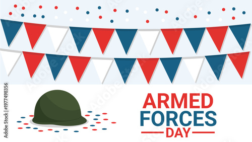 Armed forces day illustration with military helmet and patriotic bunting flags honoring soldiers service celebration tribute vector design
