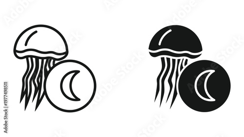Contrasting jellies with moon phases in black and white illustration style