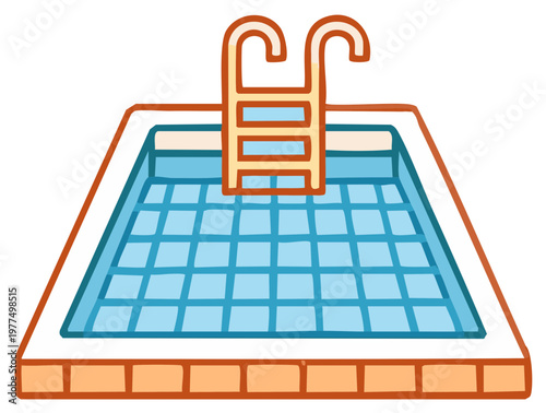 Cartoon illustration of a refreshing blue swimming pool with a ladder and tiled edge