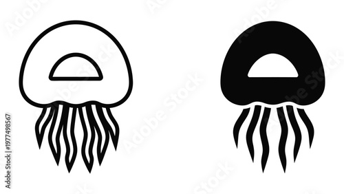 Contrasting depictions of a jellyfish in monochrome and filled styles.
