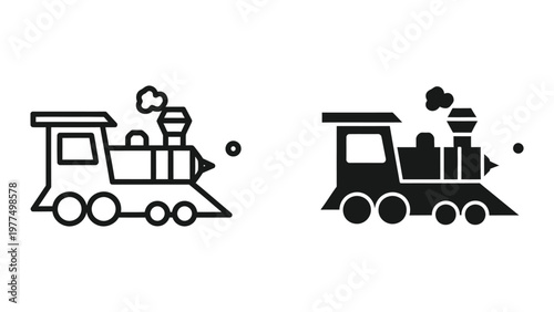 Contrasting styles of vintage steam locomotives in black and white line art