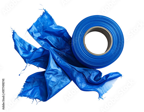 Unfurled blue plastic film with frayed edges, from a roll