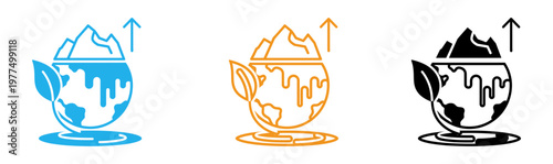 Global Warming Melting Earth Icon Set Minimalist Line Vector Illustration Isolated on White Background