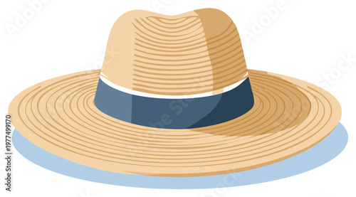 Classic straw sun hat with a wide brim and blue ribbon band vector illustration