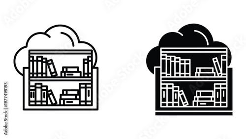 Comparison of cloud storage with bookshelf icons depicting traditional and digital data storage