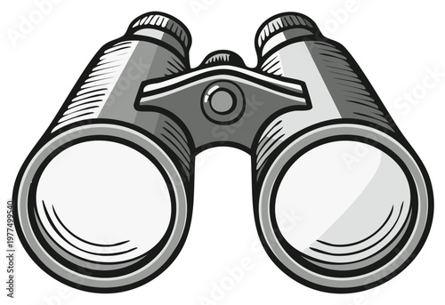 Close up illustration of shiny metallic gray binoculars. A device used for viewing distant objects. Tool for exploring and seeing far. Optics design and structure