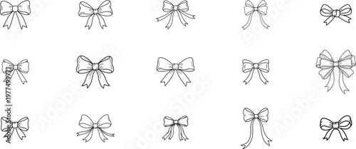 Collection of black and white bow tie illustrations in a grid layout