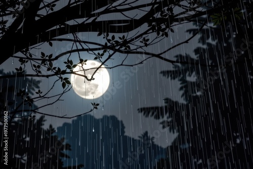 Raindrops catching the harsh, silver light of a full moon as they fall through the canopy of a pitch black forest.