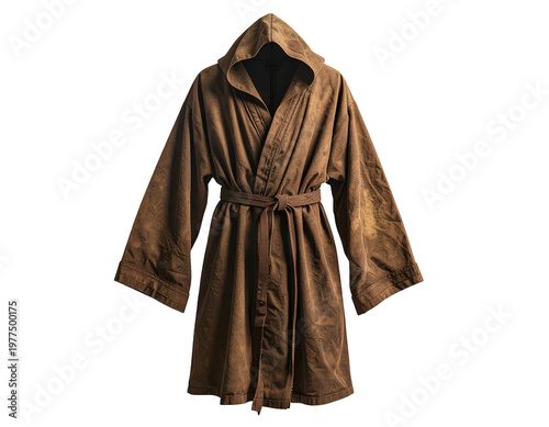 A rustic, hooded, brown robe cinched with a matching sash