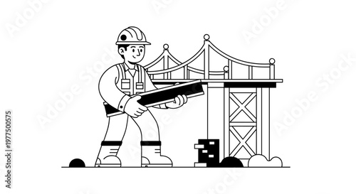 Skilled construction worker wearing hard hat and safety vest carries heavy steel beam towards suspension bridge framework, symbolizing infrastructure development, engineering