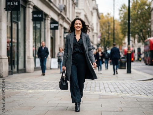 Happy businesswoman walking on city street with handbag and coat