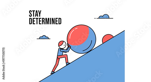 Man Pushing Large Ball Uphill, Motivational Concept