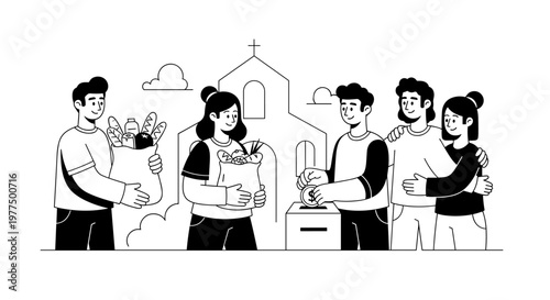 Community members contribute groceries and donations towards a church building, embodying generosity and charitable giving with a simple, modern line art aesthetic.