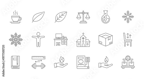 A collection of linear icons representing diverse concepts like science nature law and daily life
