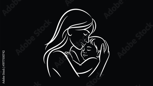 Mother and baby line art illustration on dark background expressing love care bonding parenting tenderness elegant minimal outline vector design