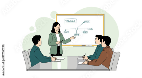 Professional woman presenting project flowchart diagram on whiteboard to attentive colleagues during a collaborative meeting, showcasing clear communication and strategic planning