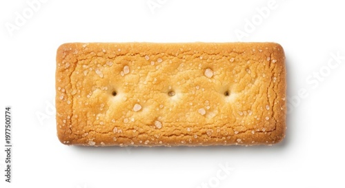 Golden brown rectangular biscuit with sugar crystals, crunchy shortbread cookie isolated on white, sweet butter biscuit snack for tea time