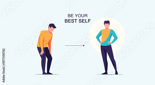 Man transforming from sad to confident, self-improvement, personal growth concept