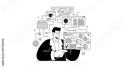 Man interacting with digital interfaces displaying security shields, graphs, and network diagrams, representing cybersecurity and data protection concepts with clean lines and a