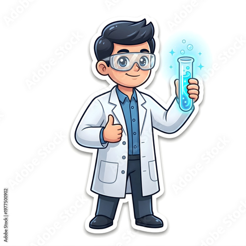 Cartoon Boy Scientist With Test Tube And Thumbs Up