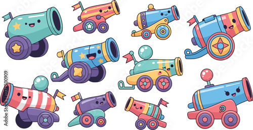 Cute Cartoon Toy Cannon Illustration Set with Colorful Wheels, Stars, Flags and Playful Kids Fantasy Weapon Designs Collection