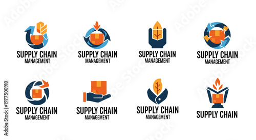Dynamic circular arrows and boxes representing logistical flow, efficient distribution, and global trade networks with clean lines, vibrant orange and blue palette, perfect for